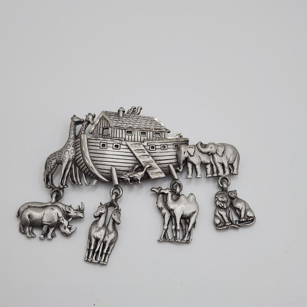 Vintage Noahs Ark Silver Tone Dangle Pin Animals JJ Brooch Christian Collectible